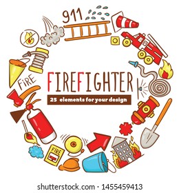 Firefighting hand drawn doodle vector illustration. Firefighter Freehand Doodle. Extinguisher and Equipment Hand Drawn Elements Set for your design
