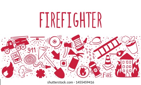 Firefighting hand drawn doodle vector illustration. Firefighter Freehand Doodle. Extinguisher and Equipment Hand Drawn Elements Set for your design