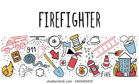 Firefighting hand drawn doodle vector illustration. Firefighter Freehand Doodle. Extinguisher and Equipment Hand Drawn Elements Set for your design