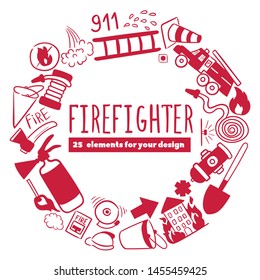 Firefighting hand drawn doodle vector illustration. Firefighter Freehand Doodle. Extinguisher and Equipment Hand Drawn Elements Set for your design