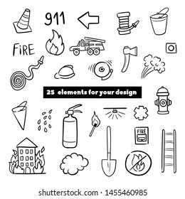 Firefighting hand drawn doodle vector illustration. Firefighter Freehand Doodle. Extinguisher and Equipment Hand Drawn Elements Set for your design