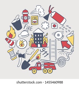 Firefighting hand drawn doodle vector illustration. Firefighter Freehand Doodle. Extinguisher and Equipment Hand Drawn Elements Set for your design