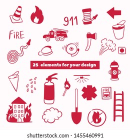 Firefighting hand drawn doodle vector illustration. Firefighter Freehand Doodle. Extinguisher and Equipment Hand Drawn Elements Set for your design