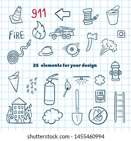 Firefighting hand drawn doodle vector illustration. Firefighter Freehand Doodle. Extinguisher and Equipment Hand Drawn Elements Set for your design