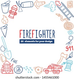 Firefighting hand drawn doodle vector illustration. Firefighter Freehand Doodle. Extinguisher and Equipment Hand Drawn Elements Set for your design