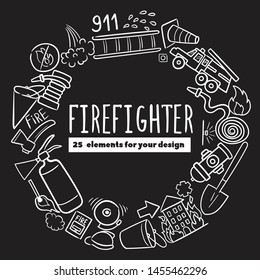 Firefighting hand drawn doodle vector illustration. Firefighter Freehand Doodle on blackboard background. Extinguisher and Equipment Hand Drawn Elements Set for your design