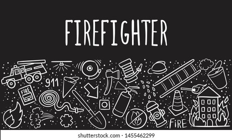 Firefighting hand drawn doodle vector illustration. Firefighter Freehand Doodle on blackboard background. Extinguisher and Equipment Hand Drawn Elements Set for your design