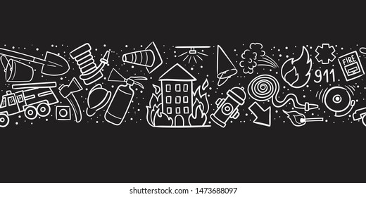 Firefighting hand drawn doodle vector illustration. Firefighter Freehand Doodle on blackboard background. Extinguisher and Equipment Hand Drawn Elements. Seamless pattern