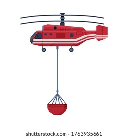 Firefighting Helicopter Carrying Bucket full of Water, Emergency Service Vehicle Flat Style Vector Illustration on White Background