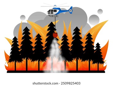 Helicóptero de extinción de incendios volando para extinguir incendios forestales. Incendio forestal. Bosque en llamas. Ilustración vectorial. 