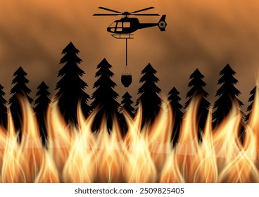 Helicóptero de extinción de incendios volando para extinguir incendios forestales. Incendio forestal. Bosque en llamas. Ilustración vectorial. 