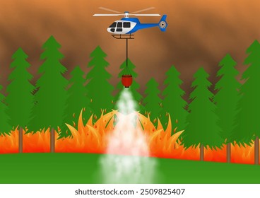 Helicóptero de extinción de incendios volando para extinguir incendios forestales. Incendio forestal. Bosque en llamas. Ilustración vectorial. 