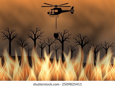 Helicóptero de extinción de incendios volando para extinguir incendios forestales. Incendio forestal. Bosque en llamas. Ilustración vectorial. 