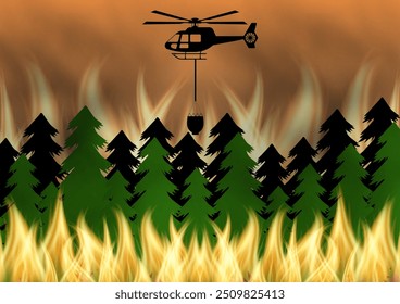 Helicóptero de extinción de incendios volando para extinguir incendios forestales. Incendio forestal. Bosque en llamas. Ilustración vectorial. 