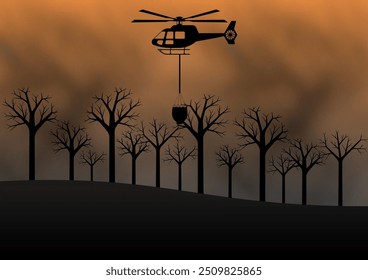 Helicóptero de extinción de incendios volando para extinguir incendios forestales. Incendio forestal. Bosque en llamas. Ilustración vectorial. 