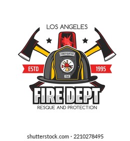 Firefighting Icon And Fire Department Symbol With Vector Helmet Of Firefighter Or Fireman, Crossed Axes And Fire Truck Emergency Red Light. Rescue Service Isolated Badge With Firefighter Equipment