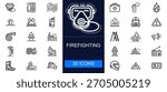 Firefighting icon set. Emergency response, rescue tools, fire safety, alarms, hydrants, extinguishers, equipment, protection gear and more. Thin line vector icons for safety, rescue and firefighting .