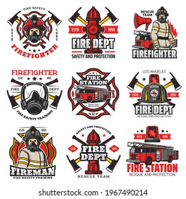 Firefighting icons, fire service retro emblems. Fire department station truck, fireman in helmet and gasmask, water hydrant, axes. Firefighters maltese cross vintage badges with rescue team equipment
