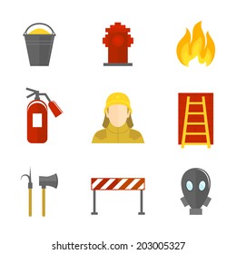 Firefighting icons flat set of firefighter emergency ladder water hydrant isolated vector illustration