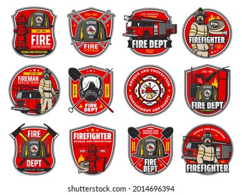 Firefighting icons, heraldic symbols, vector protective helmet and gas mask, fire axe and shovel. Extinguisher, hydrant and fire truck with walkie talkie. Firefighter labels or badge of department set