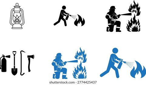 Firefighting icons hydrant firefighter silhouettes and equipment collection