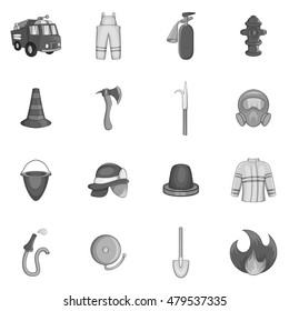 Firefighting icons set in black monochrome style. Firefighter first help equipment set collection vector illustration