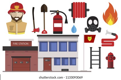 Firefighting icons set vector. Fireghfighter and extinguishing tools. Spade and extinguisher, axe and hydrant hose, protective mask, hammer, ladder, fire station building. Fireman profession symbols