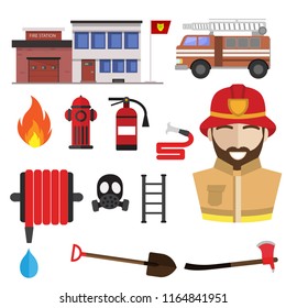 Firefighting icons set vector. Fireghfighter and extinguishing tools. Spade and extinguisher, axe and hydrant hose, protective mask, hammer, ladder, fire station building. Fireman profession symbols