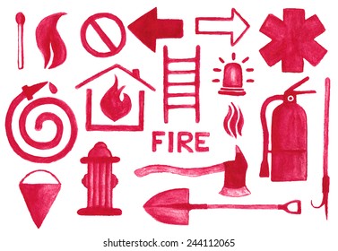 Firefighting icons set. Watercolor signs on the white background, aquarelle pencil.  Vector illustration. Hand-drawn simple decorative elements useful for stands, posters, design.