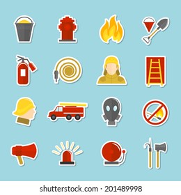 Firefighting icons stickers set of axe fire truck water hydrant isolated vector illustration