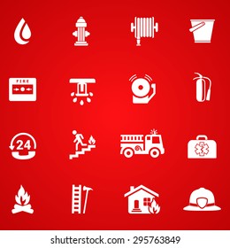 Firefighting icons, white on red background