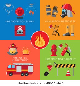 Firefighting inventory and fire rescue concepts. Business and house fire safety vector illustration