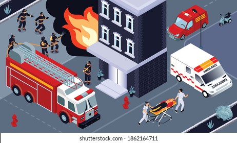 Firefighting isometric vector illustration with brigades of firefighters and ambulance service engaged in extinguishing of burning building and saving lives of victims