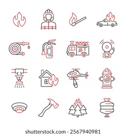 Firefighting line color vector icon set. Fire department symbol with fire, fire hose, firefighter, extinguisher, fire engine, sprinkler system, burning house, helicopter, hydrant.