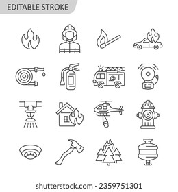 Juego de iconos vectoriales de línea de extinción de incendios. Símbolo del departamento de bomberos con fuego, manguera de incendios, extinguidor, motor de bomberos, sistema de rociadores, casa de combustión, helicóptero, hidrante. Trazo editable.