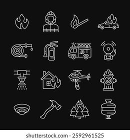 Firefighting line vector white icon set. Fire department symbol with fire, fire hose, firefighter, extinguisher, fire engine, sprinkler system, burning house, helicopter, hydrant. Editable stroke.