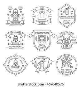 Firefighting linear emblems of departments and shops with man equipment ribbons stars isolated vector illustration