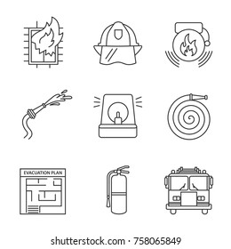 Firefighting linear icons set  Hard hat  fireman siren  alarm bell  hose  firefighter engine  extinguisher  evacuation  house fire  Thin line contour symbols  Isolated vector outline illustrations