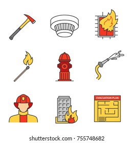 Firefighting linear icons set. Hose, burning matchstick, smoke detector, evacuation plan, hydrant, axe, building on fire, firefighter. Thin line contour symbols. Isolated vector outline illustrations