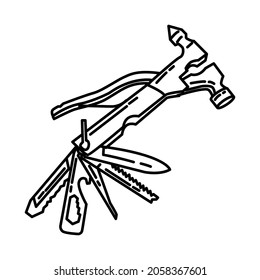 Firefighting Multi tool Part of Firefighter Accessories and Equipment Device Hand Drawn Icon Set Vector.