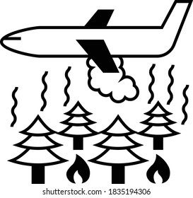 Avión de bomberos arrojando agua sobre el bosque en llamas. Vector de concepto de extinción de incendios aéreos y de incendios forestales Diseño de iconos glifos, Símbolo de respuesta de rescate sobre fondo blanco