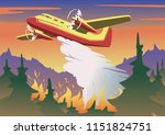 Firefighting plane dropping water on burning forest. Aerial firefighting and wildfire concept in color. Flat vector illustration. Horizontal.
