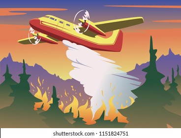 Firefighting plane dropping water on burning forest. Aerial firefighting and wildfire concept in color. Flat vector illustration. Horizontal.