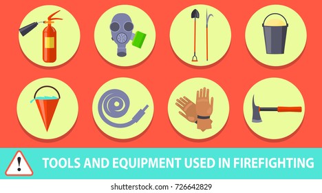 Firefighting poster depicting tools and equipment. Vector illustration of icons of extinguisher, respirator, fire shovel, long hook, bucket with sand etc