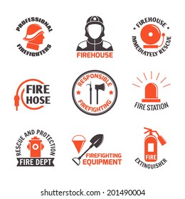 Firefighting professional firehouse immediately rescue label set isolated vector illustration.