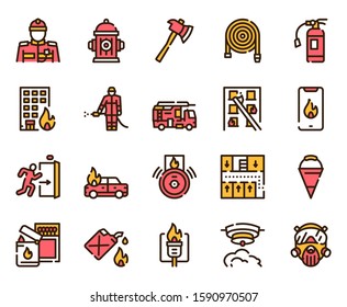 Firefighting Red Linear Vector Icons Set. Fireman, Hose, Axe, Alarm Contour Symbols. Fire Fighting Emergency Service. Firefighter, Extinguisher, Water Hydrant. Fire Department Outline Illustrations