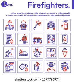 Firefighting red linear vector icons set. Fireman, hose, axe, alarm contour symbols. Fire fighting emergency service. Firefighter, extinguisher, water hydrant. Fire department outline illustrations