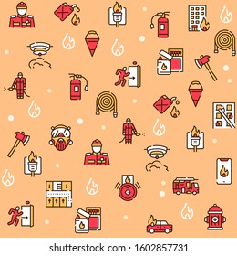 Firefighting red linear vector icons set. Fireman, hose, axe, alarm contour symbols. Fire fighting emergency service. Firefighter, extinguisher, water hydrant. Fire department outline illustrations
