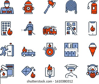 Firefighting red linear vector icons set. Fireman, hose, axe, alarm contour symbols. Fire fighting emergency service. Firefighter, extinguisher, water hydrant. Fire department outline illustrations