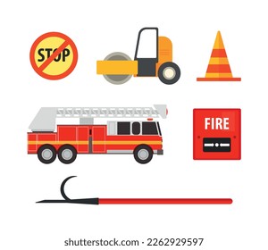 Firefighting and Road Repair Work Equipment with Engine, Hook, Hose, Cone, Stop Sign and Asphalt-spreading Machine Vector Set